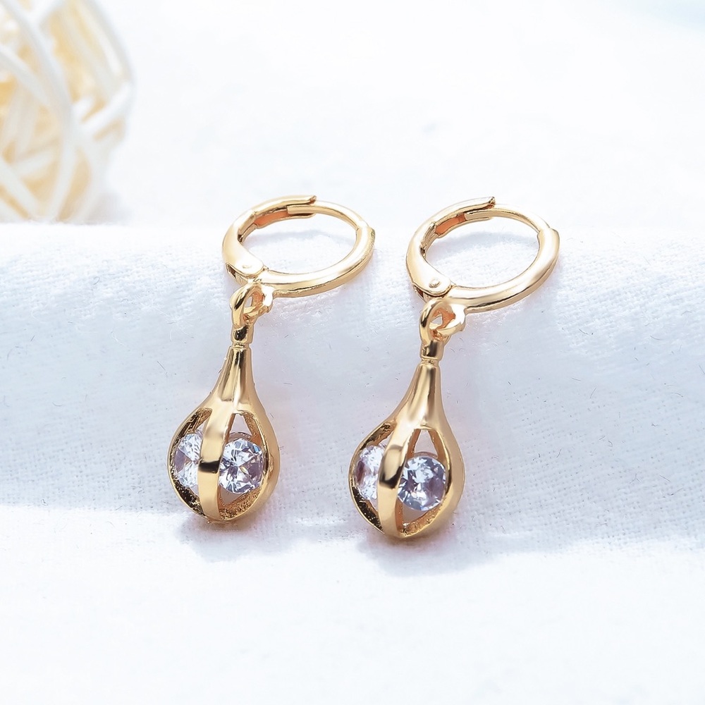 Gold Openwork Water-drop Shaped Huggie Hoops w/CZs - Picture 3 of 8